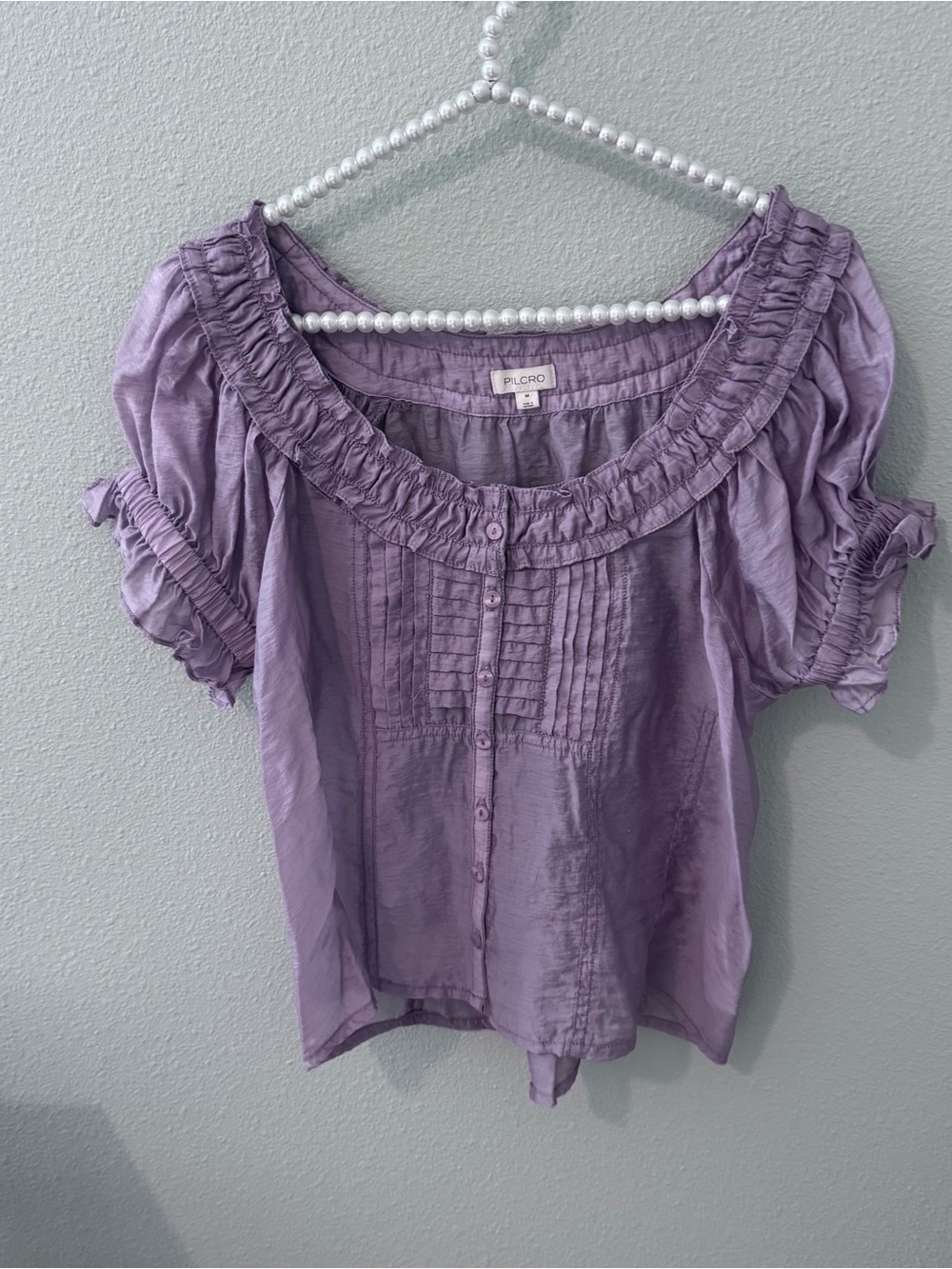 Pilcro Lavender Button-Front Ruffle Scoop Neck Blouse